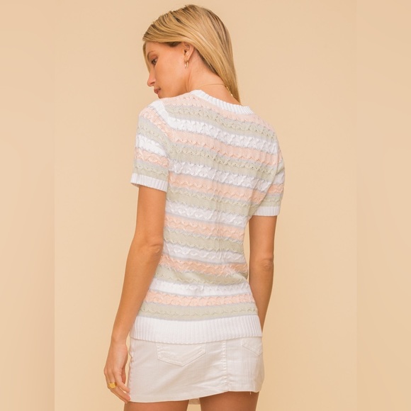🆕Hem & Thread Sage/Coral Sweater Striped Short Sleeve Textured S,M & L - Picture 3 of 11